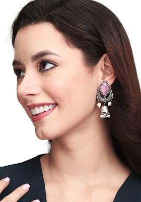 Silver Plated Stone Studded Geometric Jhumkas