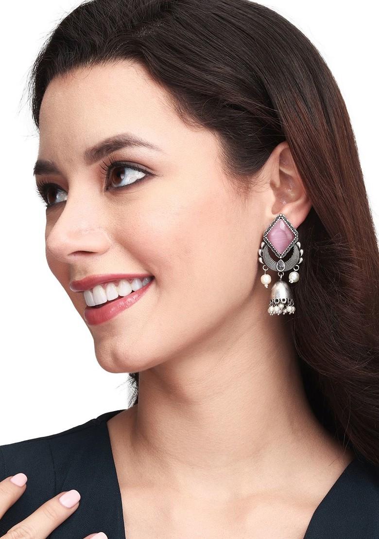 Silver Plated Stone Studded Geometric Jhumkas