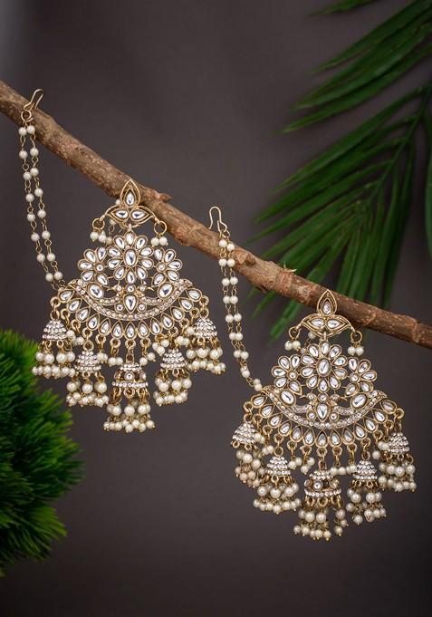 Gold Plated Kundan Studded And Beaded Contemporary Drop Earrings
