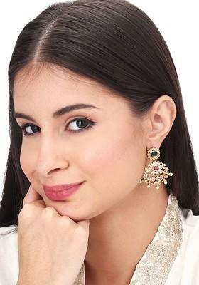 Gold Plated Stone Studded And Beaded Contemporary Drop Earrings