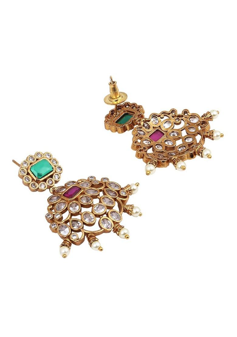 Gold Plated Stone Studded And Beaded Contemporary Drop Earrings