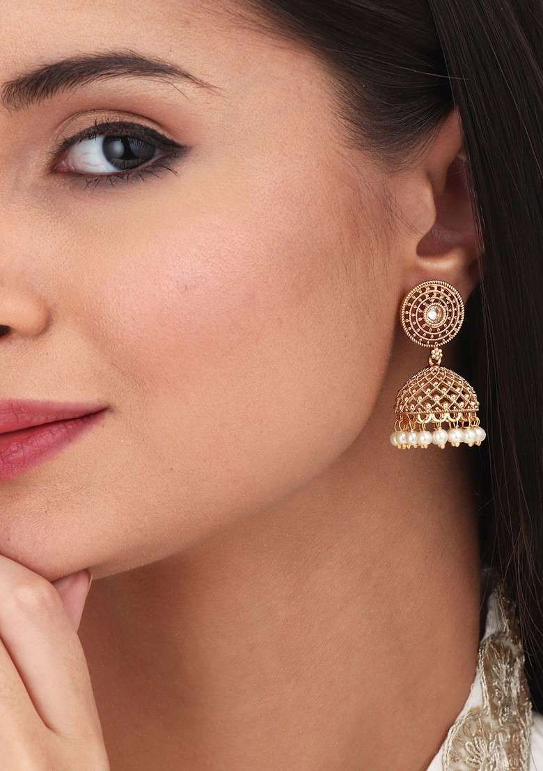 Gold Plated Stone Studded And Beaded Dome Shaped Jhumkas - Indya