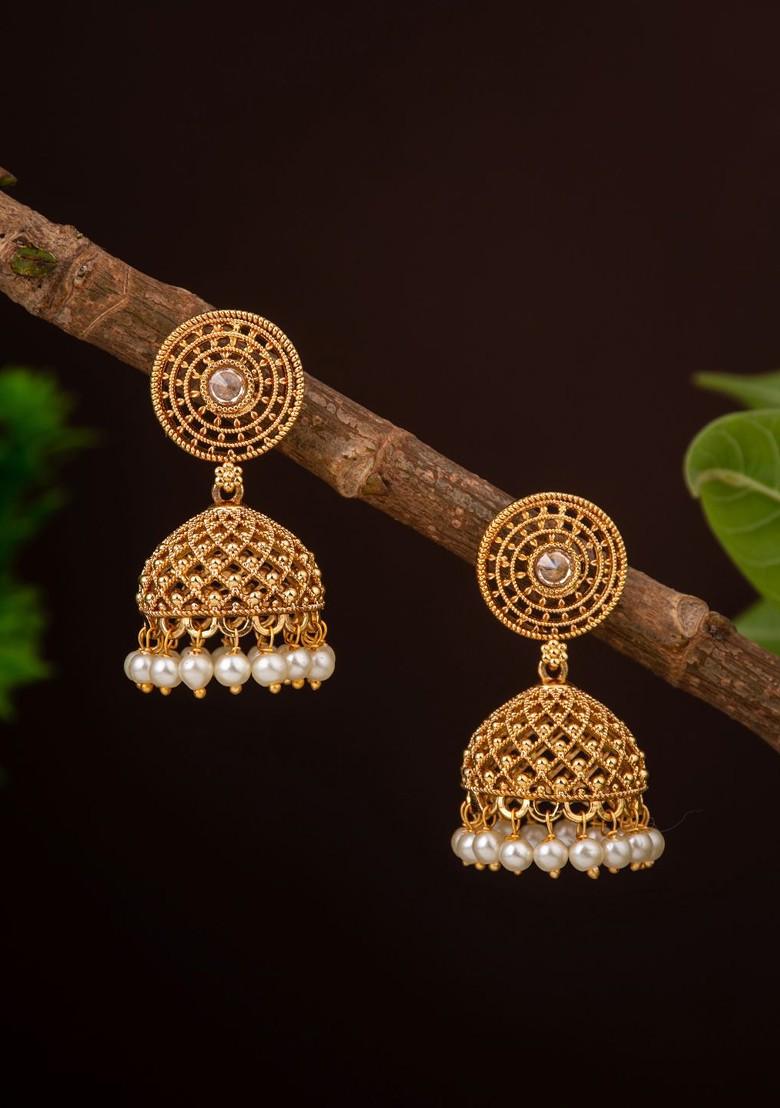 Gold Plated Stone Studded And Beaded Dome Shaped Jhumkas