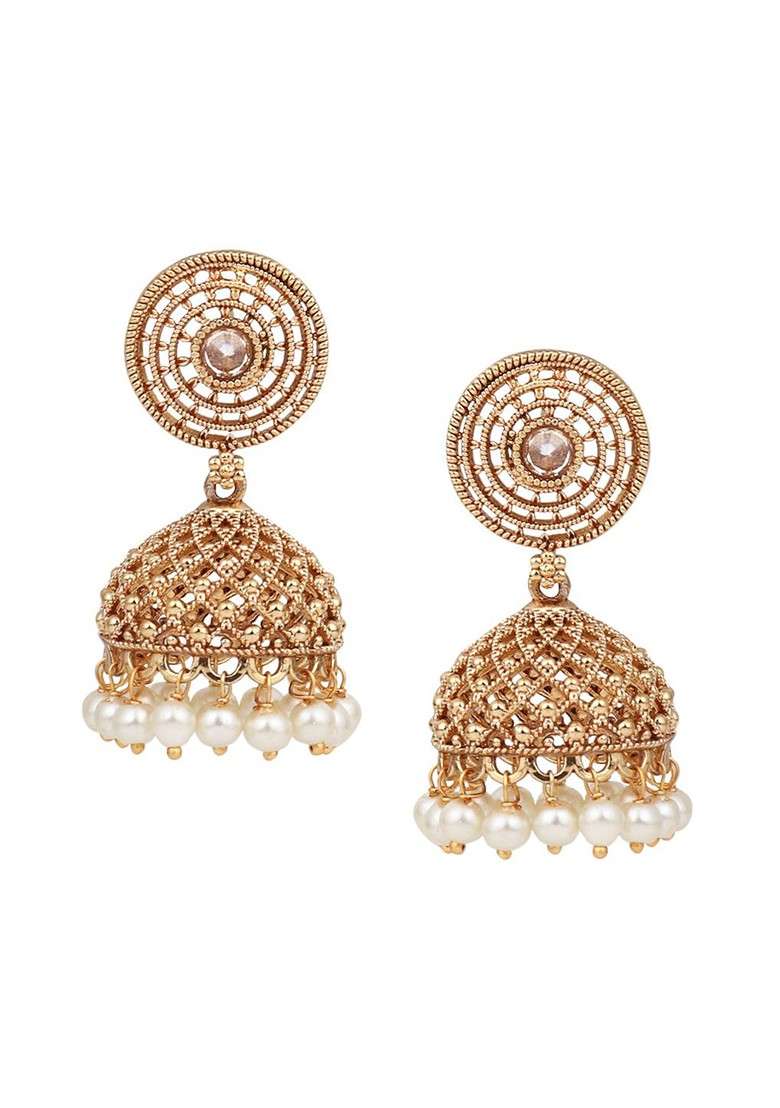 Gold Plated Stone Studded And Beaded Dome Shaped Jhumkas - Indya