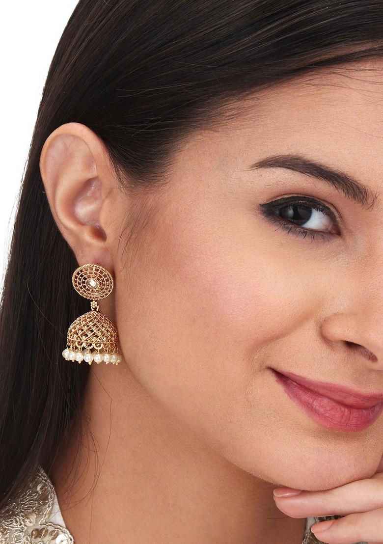 Gold Plated Stone Studded And Beaded Dome Shaped Jhumkas