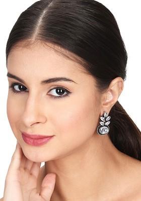 Silver Plated Cz Stone Studded Contemporary Drop Earrings