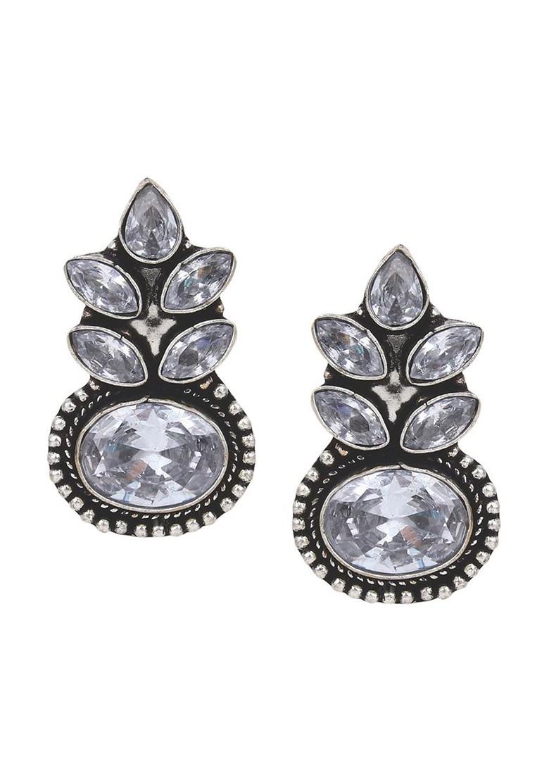 Silver Plated Cz Stone Studded Contemporary Drop Earrings
