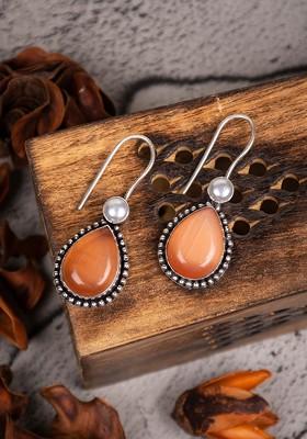 Silver Plated Stone Studded Contemporary Oxidised Drop Earrings