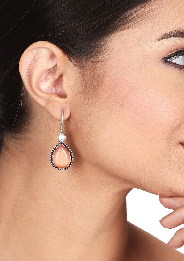 Silver Plated Stone Studded Contemporary Oxidised Drop Earrings