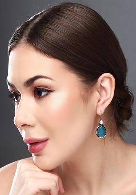 Silver Plated Artificial Stones Studded Teardrop Shaped Oxidised Drop Earrings