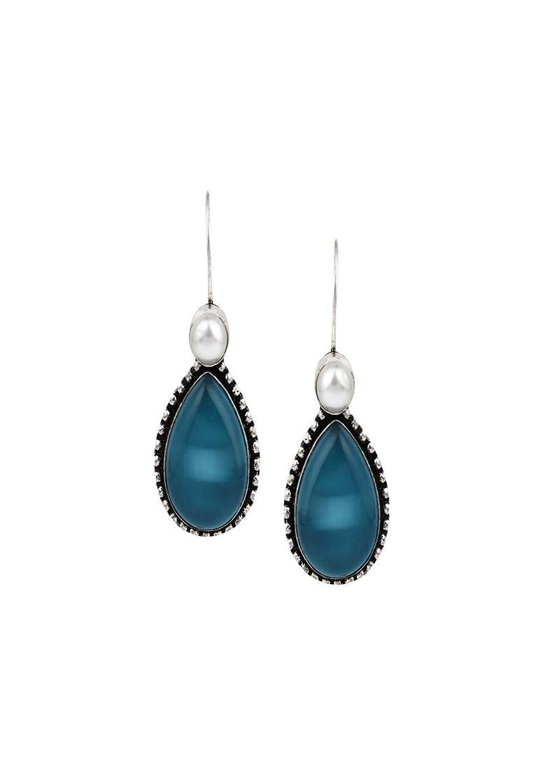 Silver Plated Artificial Stones Studded Teardrop Shaped Oxidised Drop Earrings