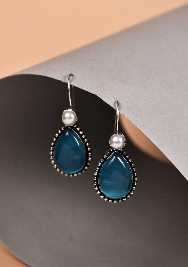Silver Plated Artificial Stones Studded Teardrop Shaped Oxidised Drop Earrings