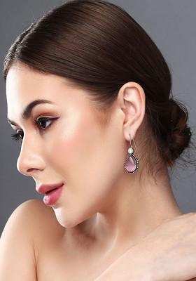 Silver Plated Artificial Stones Studded Teardrop Shaped Oxidised Drop Earrings