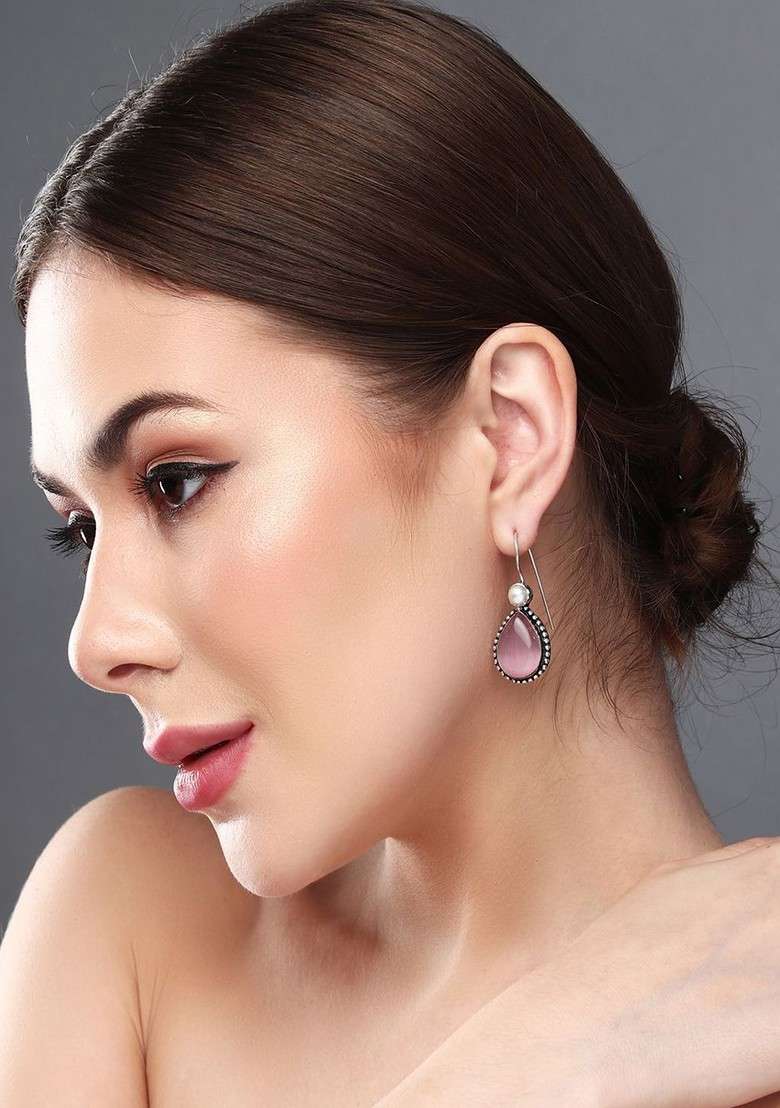 Silver Plated Artificial Stones Studded Teardrop Shaped Oxidised Drop Earrings - Indya