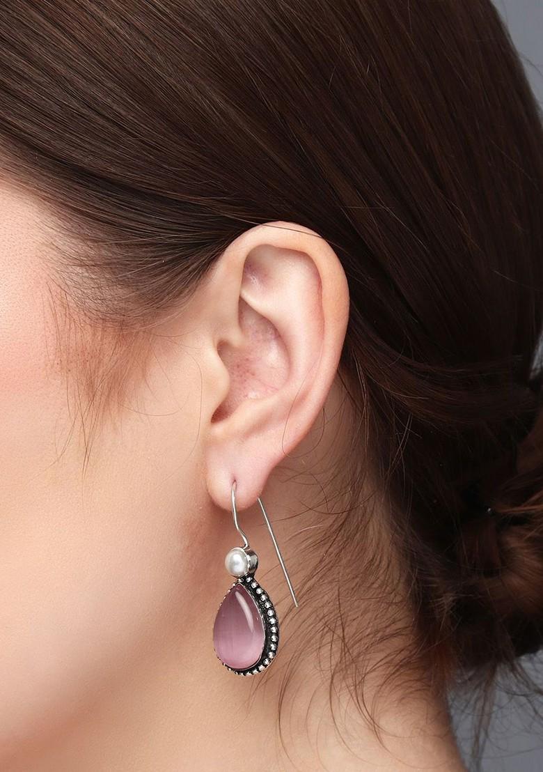 Silver Plated Artificial Stones Studded Teardrop Shaped Oxidised Drop Earrings