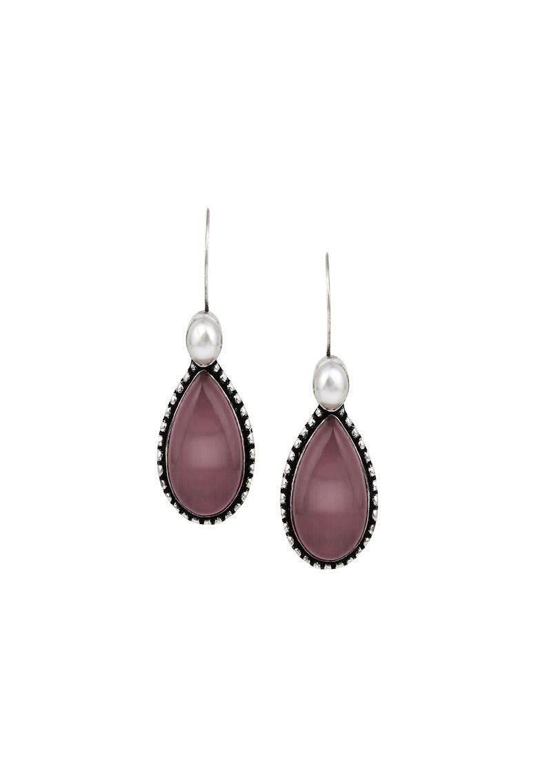 Silver Plated Artificial Stones Studded Teardrop Shaped Oxidised Drop Earrings