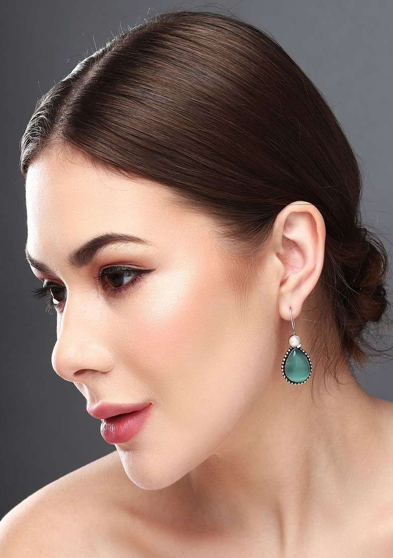 Silver Plated Artificial Stones Studded Teardrop Shaped Oxidised Drop Earrings - Indya