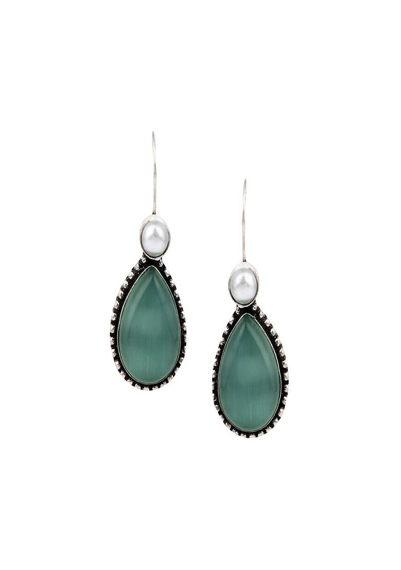 Silver Plated Artificial Stones Studded Teardrop Shaped Oxidised Drop Earrings