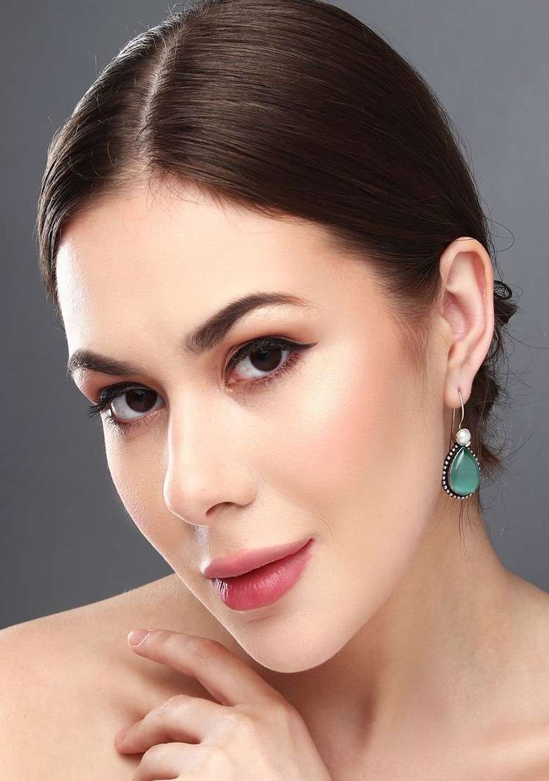 Silver Plated Artificial Stones Studded Teardrop Shaped Oxidised Drop Earrings - Indya