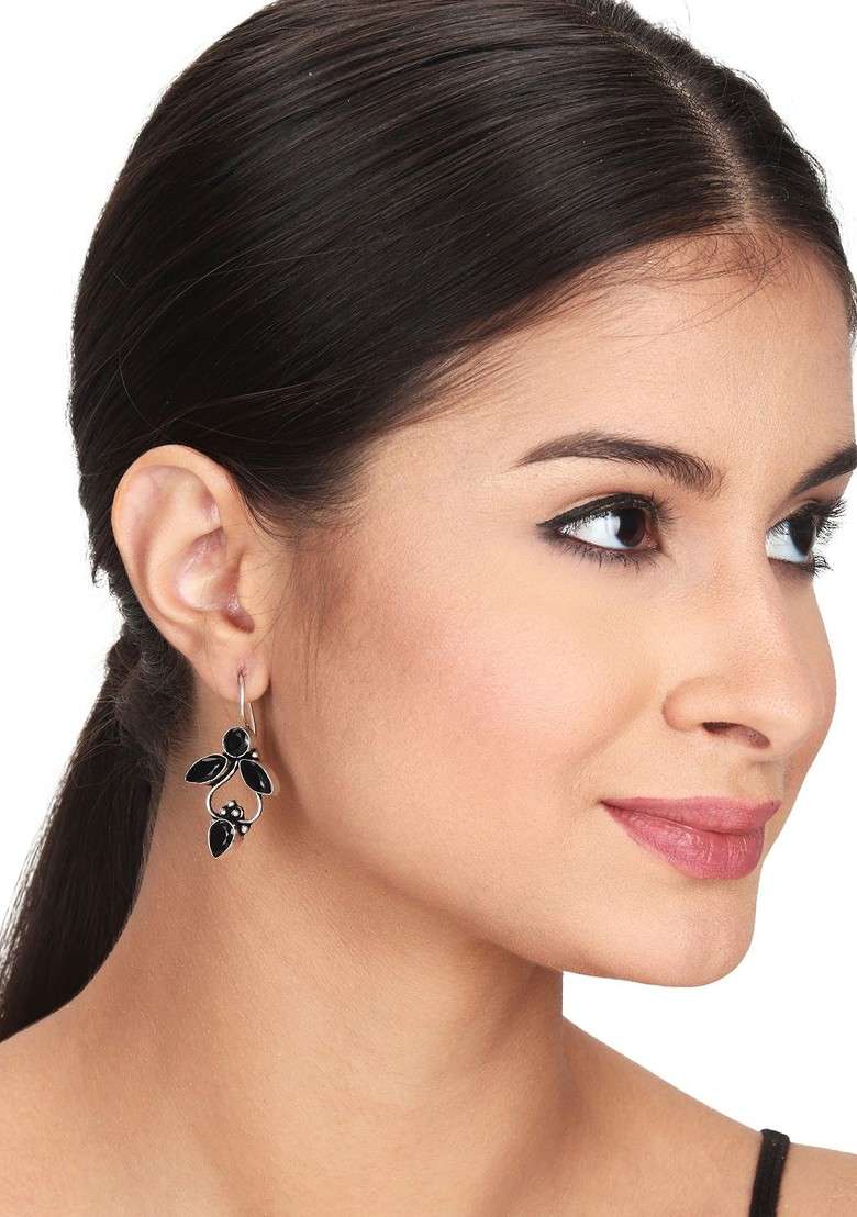 Silver Plated Stone Studded Contemporary Hoop Earrings - Indya