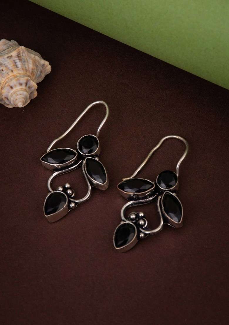 Silver Plated Stone Studded Contemporary Hoop Earrings - Indya