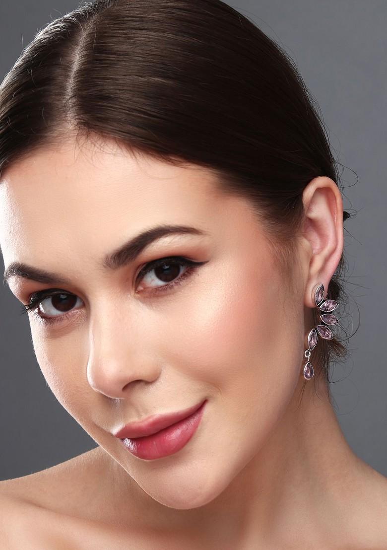 Silver Plated Stone Studded Contemporary Drop Earrings