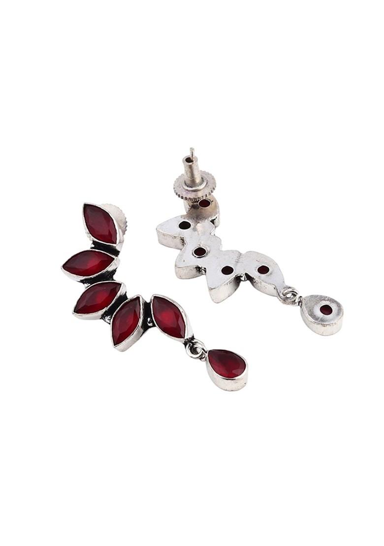 Silver Plated Stone Studded Contemporary Oxidised Drop Earrings