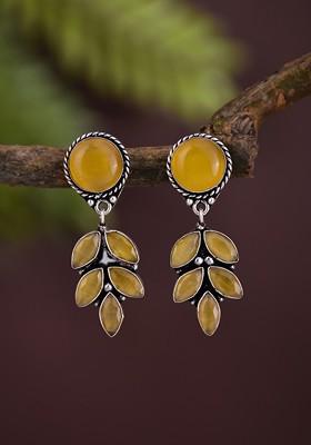 Silver Plated Artificial Stones Studded Oxidised Contemporary Shaped Drop Earrings