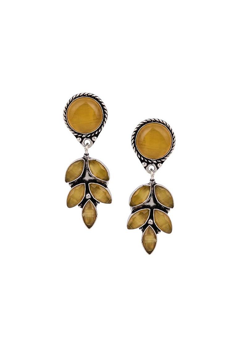 Silver Plated Artificial Stones Studded Oxidised Contemporary Shaped Drop Earrings