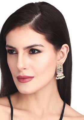 Gold Plated Stoned Studded And Beaded Enamelled Geometric Jhumkas