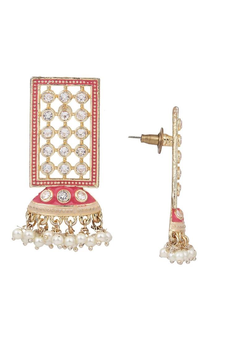 Gold Plated Stoned Studded And Beaded Enamelled Geometric Jhumkas