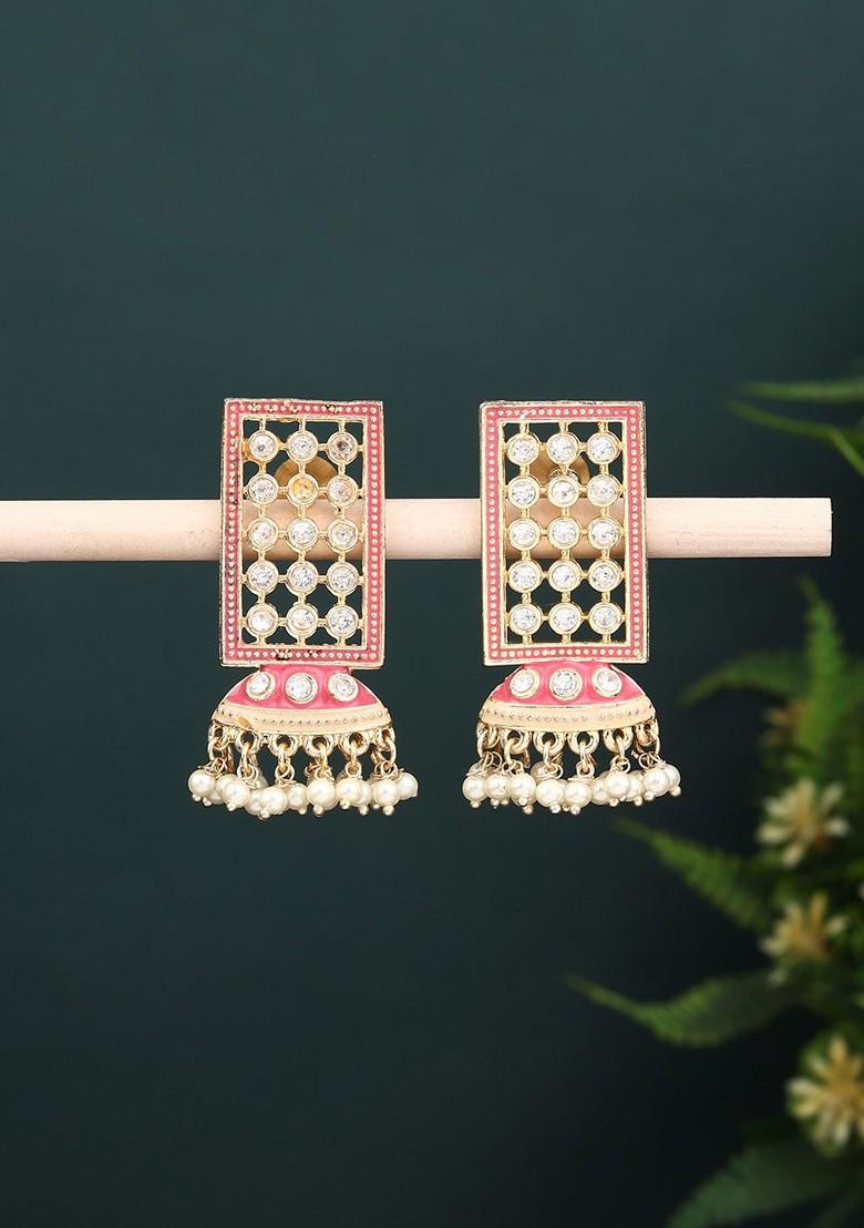 Gold Plated Stoned Studded And Beaded Enamelled Geometric Jhumkas