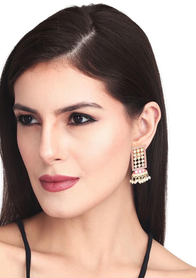 Gold Plated Stoned Studded And Beaded Enamelled Geometric Jhumkas
