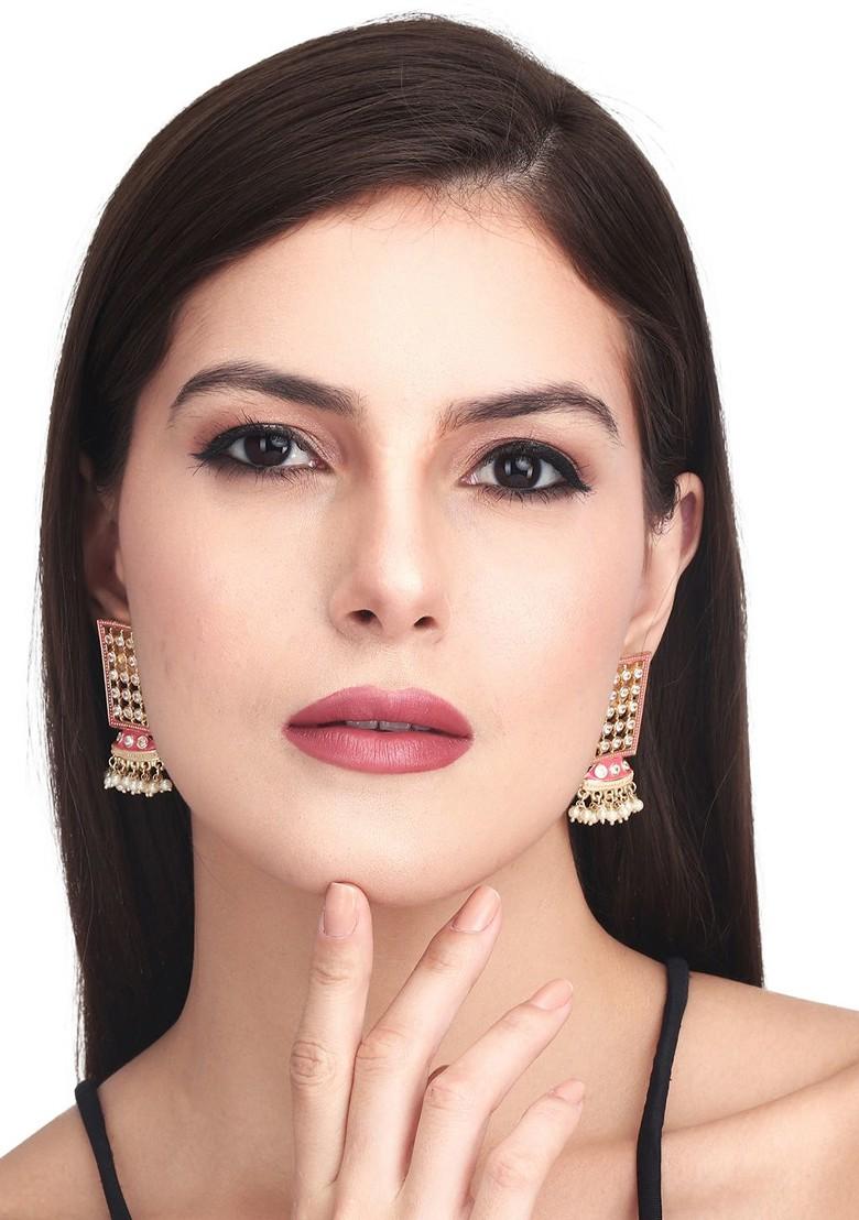 Gold Plated Stoned Studded And Beaded Enamelled Geometric Jhumkas