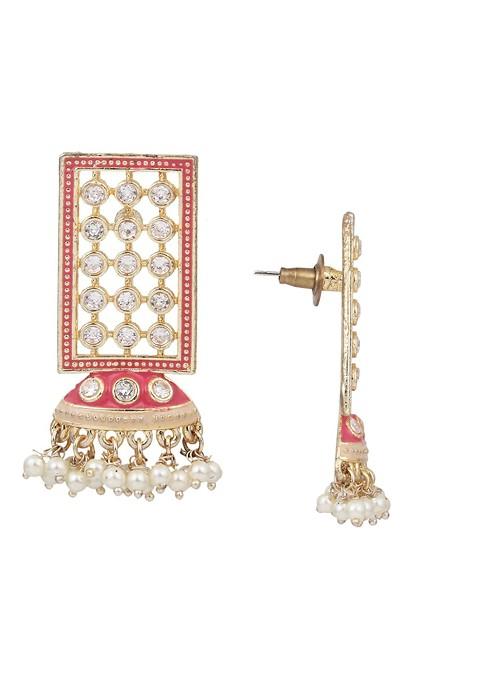 Gold Plated Stoned Studded And Beaded Enamelled Geometric Jhumkas