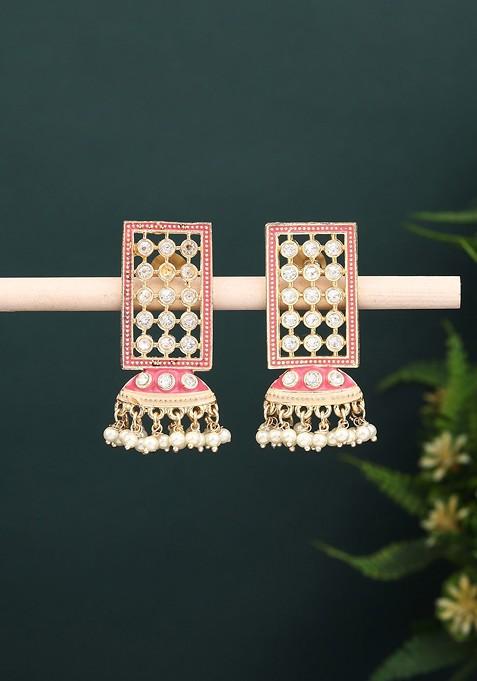 Gold Plated Stoned Studded And Beaded Enamelled Geometric Jhumkas