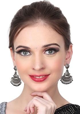 Silver Plated Beaded Contemporary Oxidised Drop Earrings