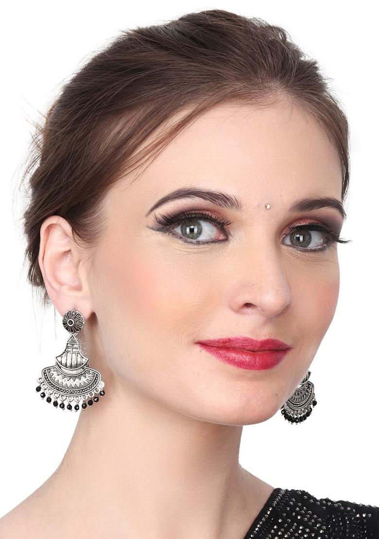 Silver Plated Beaded Contemporary Oxidised Drop Earrings