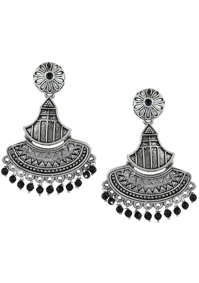 Silver Plated Beaded Contemporary Oxidised Drop Earrings