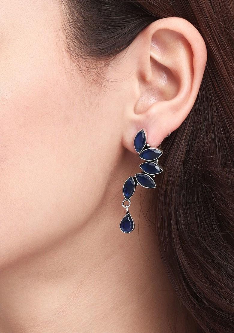 Silver Plated Stone Studded Contemporary Oxidised Drop Earrings
