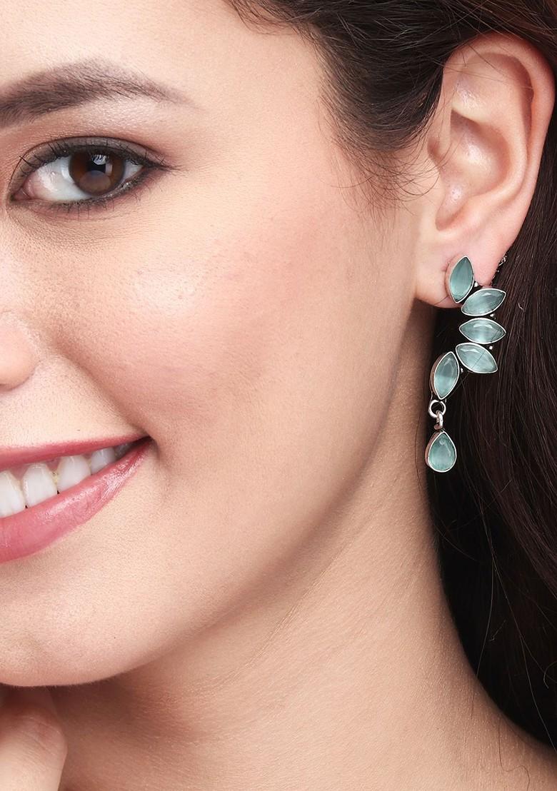 Silver Plated Stone Studded Contemporary Oxidised Drop Earrings