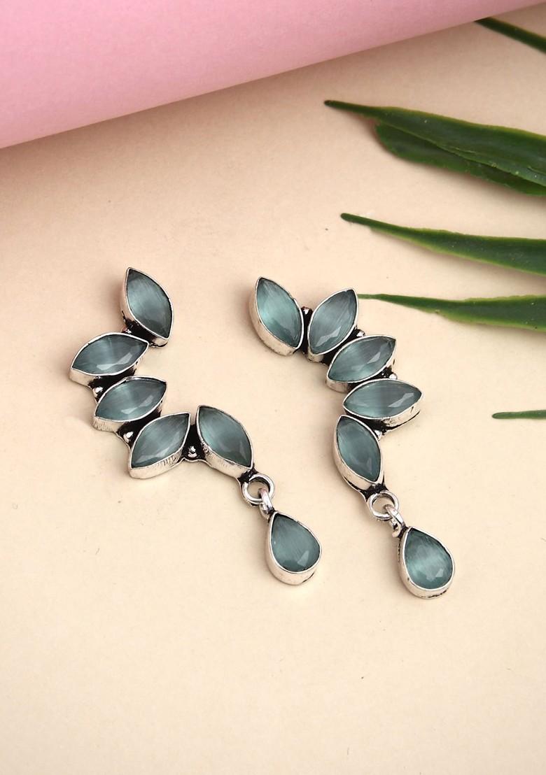 Silver Plated Stone Studded Contemporary Oxidised Drop Earrings