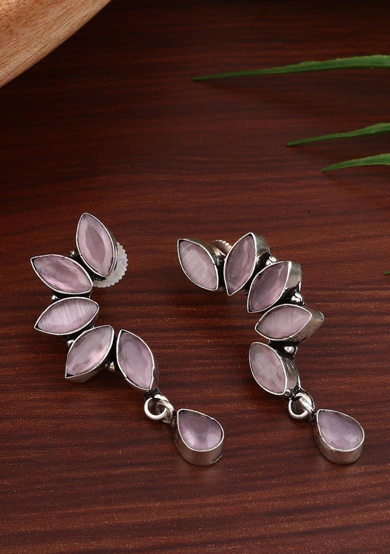 Silver Plated Stone Studded Contemporary Oxidised Drop Earrings