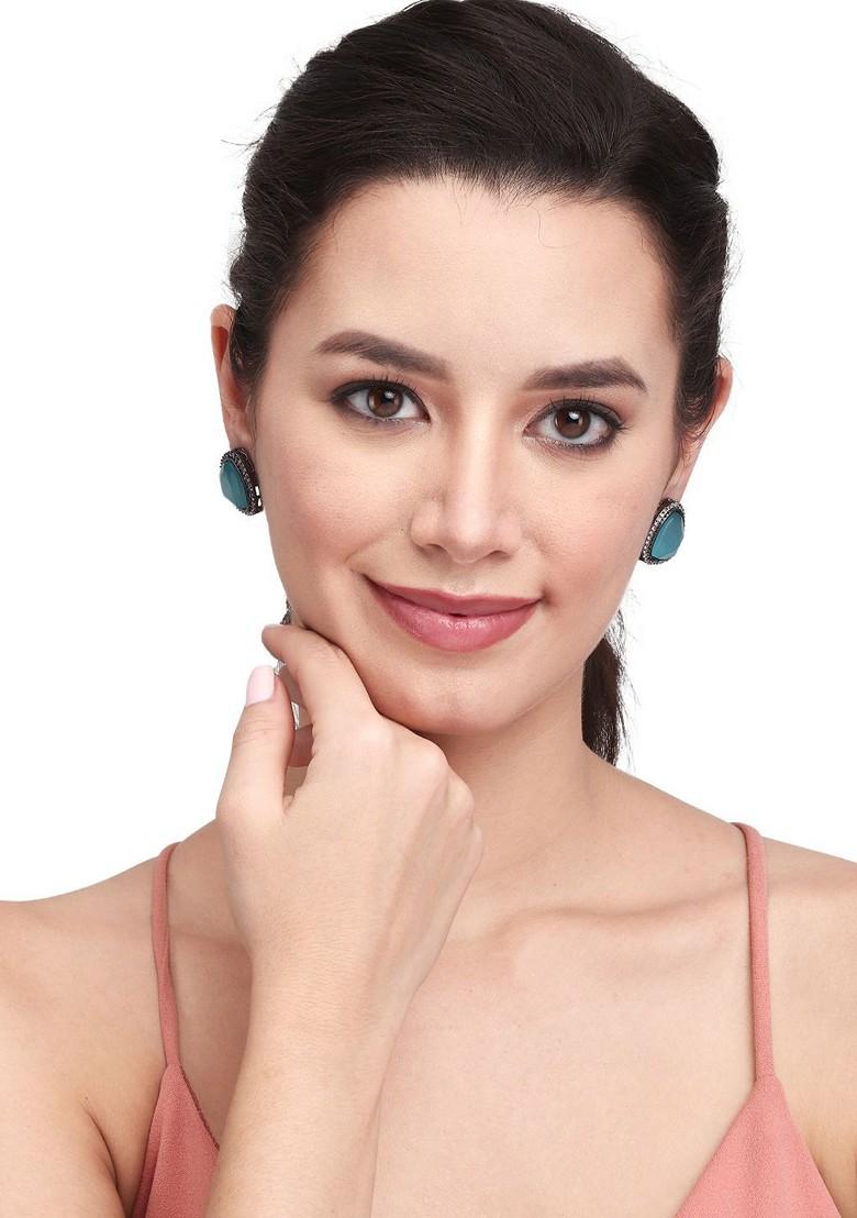 Silver Plated American Diamond Studded Contemporary Studs Earrings