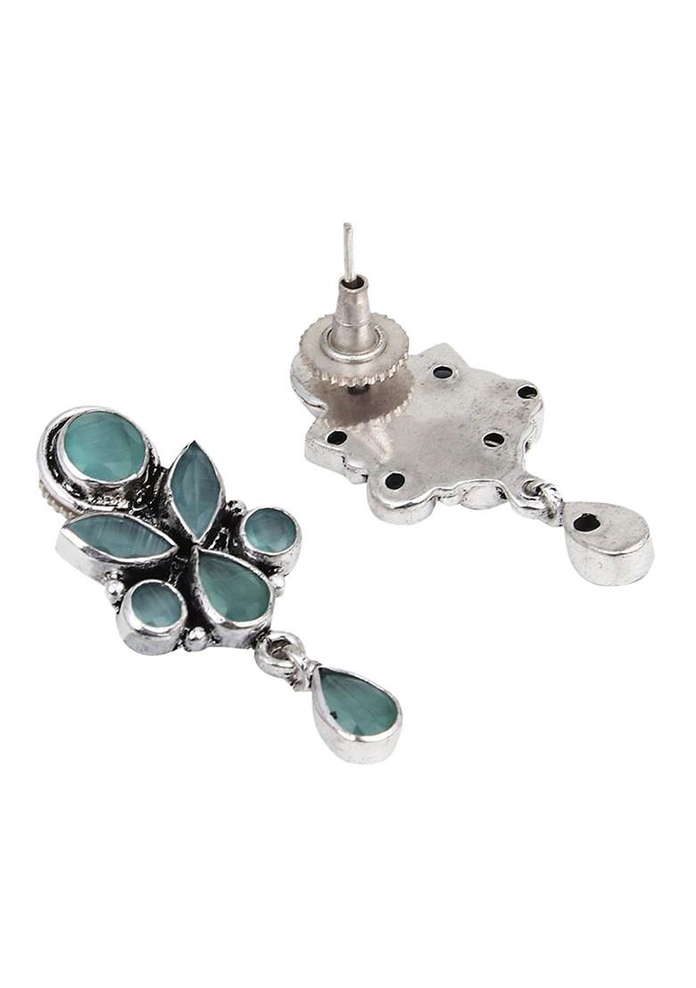 Silver Plated American Diamond Studded Oxidised Contemporary Drop Earrings