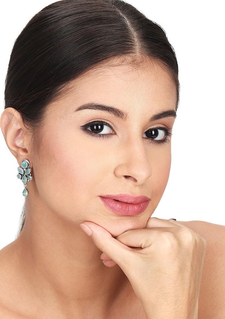 Silver Plated American Diamond Studded Oxidised Contemporary Drop Earrings