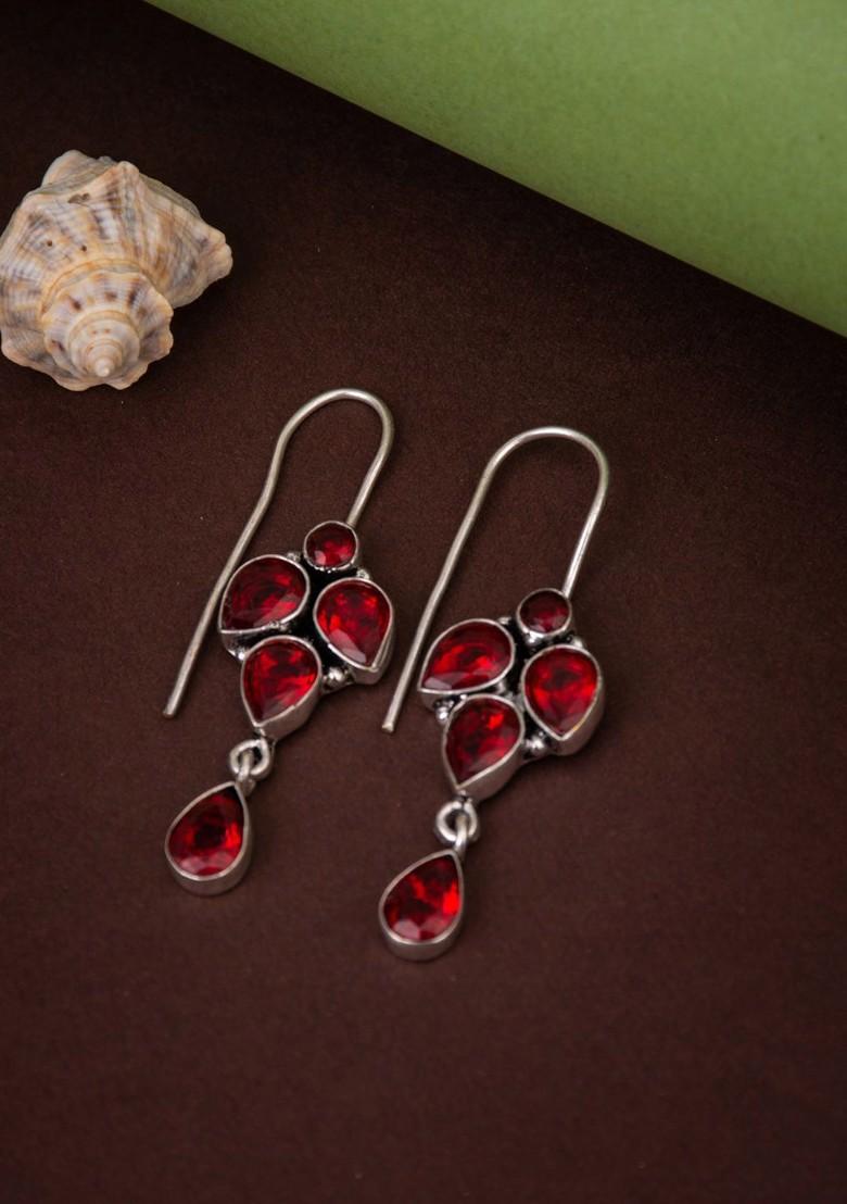 Silver Plated American Diamond Studded Oxidised Contemporary Drop Earrings