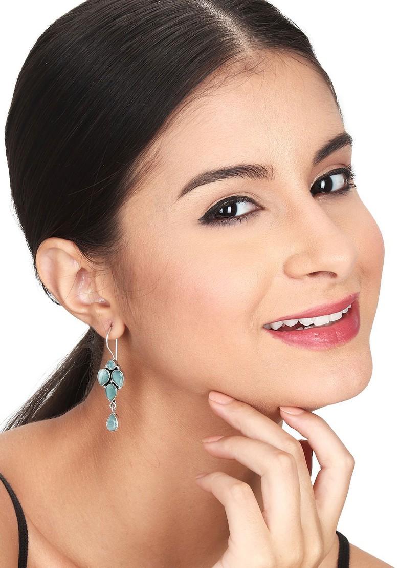 Silver Plated American Diamond Studded Oxidised Contemporary Drop Earrings