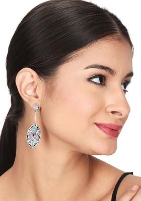 Silver Plated Stone Studded Leaf Shaped Drop Earrings