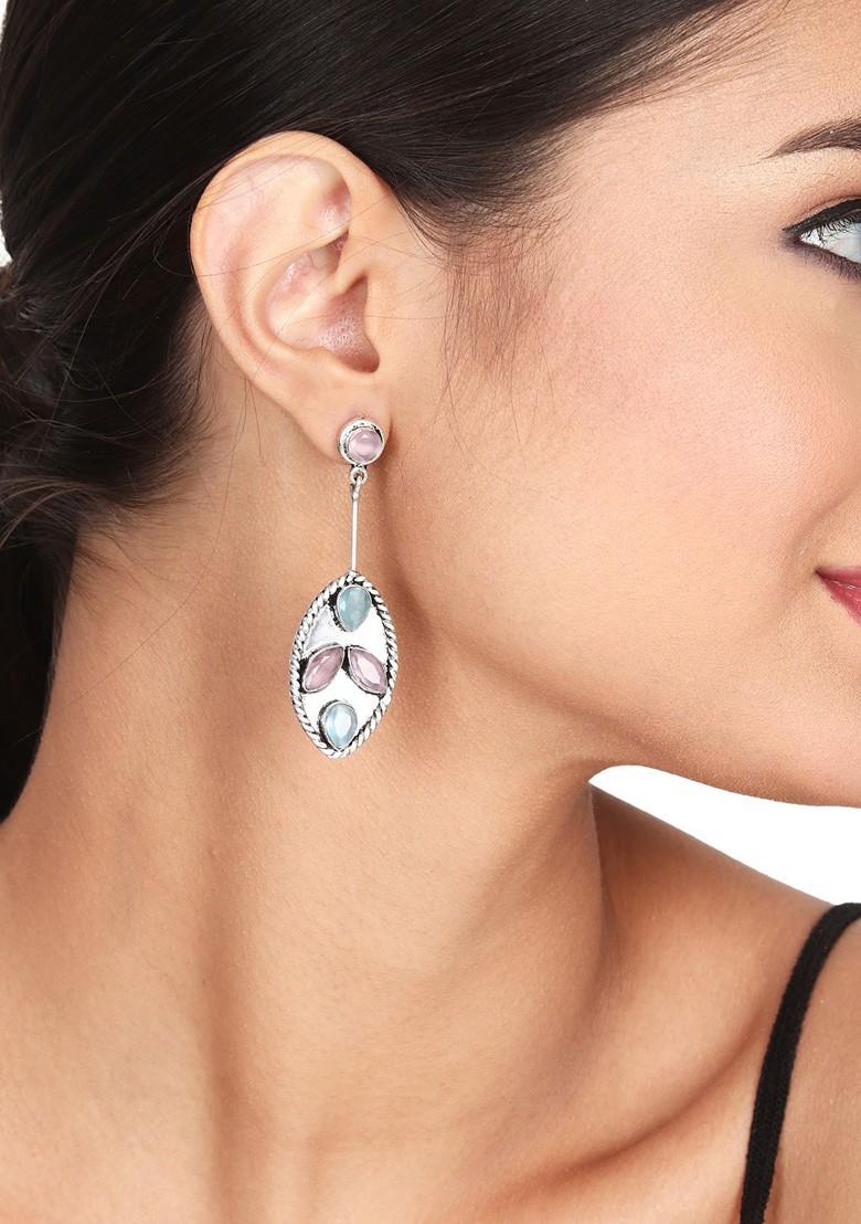 Silver Plated Stone Studded Leaf Shaped Drop Earrings